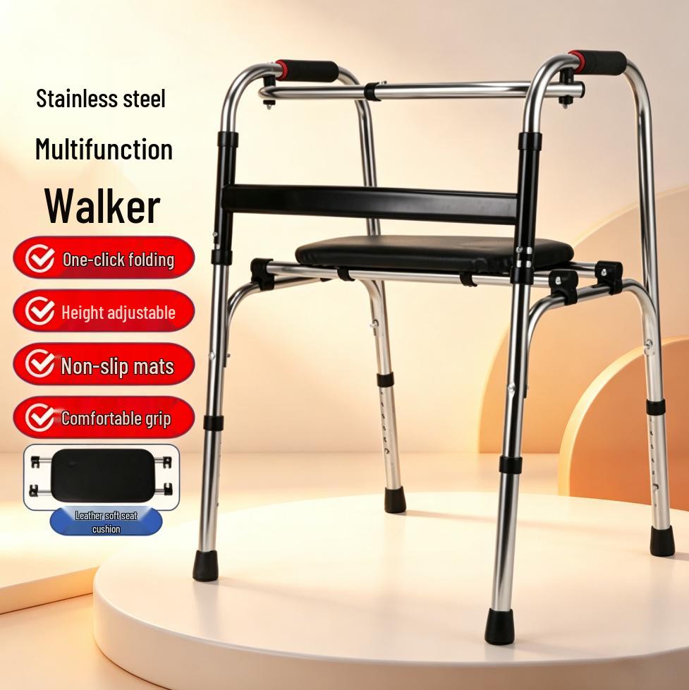 Height-Adjustable Foldable Stainless Steel Walker with Seat for Seniors