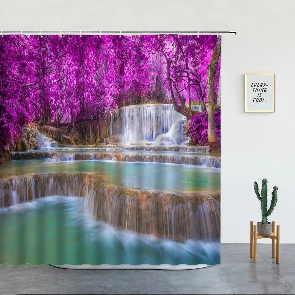 Forest Waterfall Landscape Shower Curtains Tropical Rainforest Green Bamboo Mountain Printed Fabric Luxury Bathroom Decor Hooks