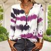 Women Plus Size Half Zip Round Neck Long Sleeve White Purple Tie Dye Printed T Shirt