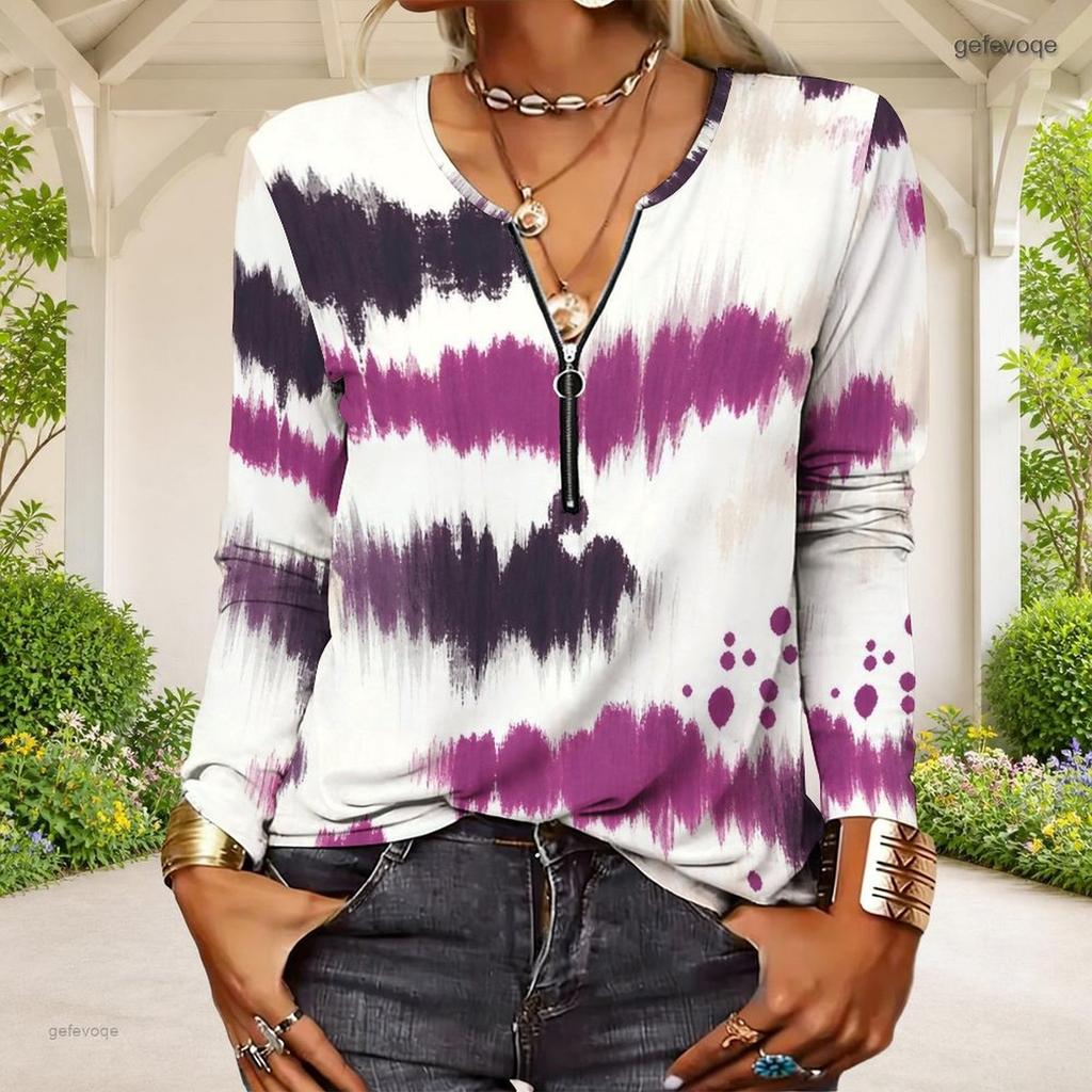 Women Plus Size Half Zip Round Neck Long Sleeve White Purple Tie Dye Printed T Shirt