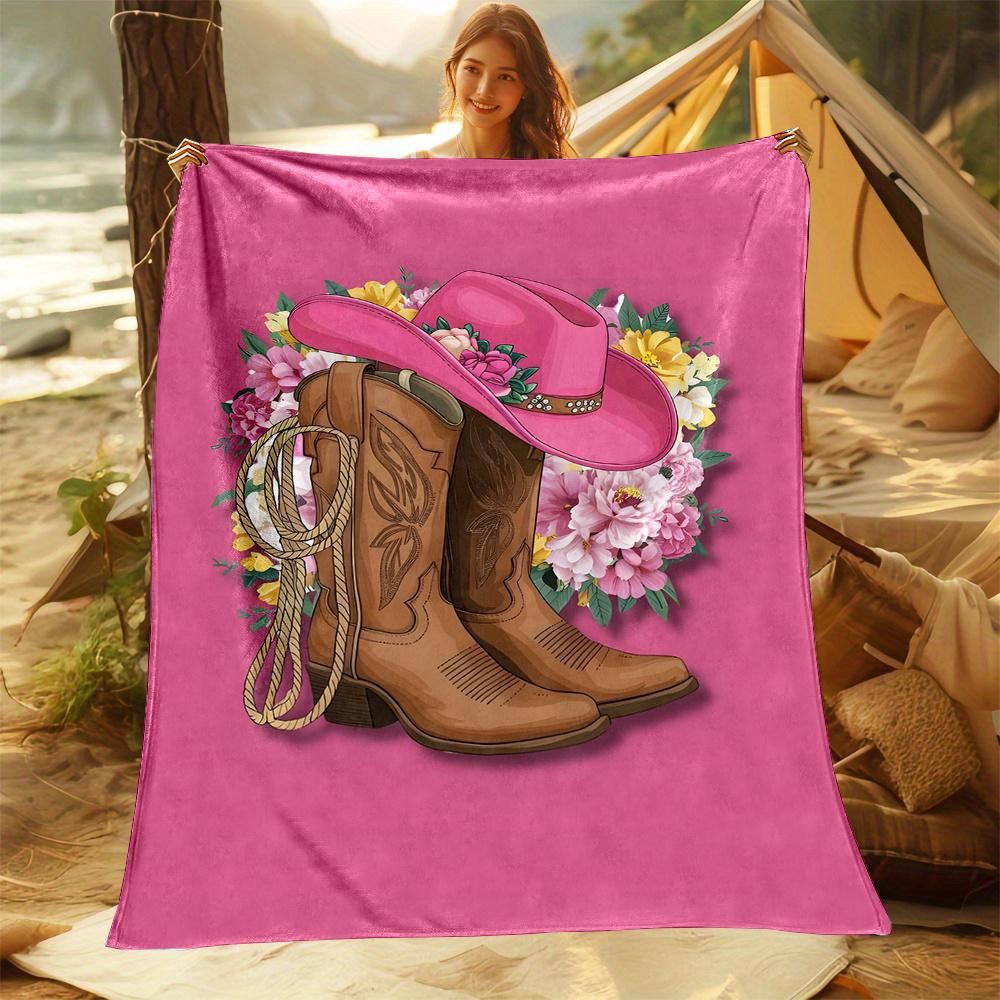 Western Cowboy Hat and High Heel Boot Print Flannel Throw Blanket - Polyester, Reversible, Digital Printing, Soft and Durable