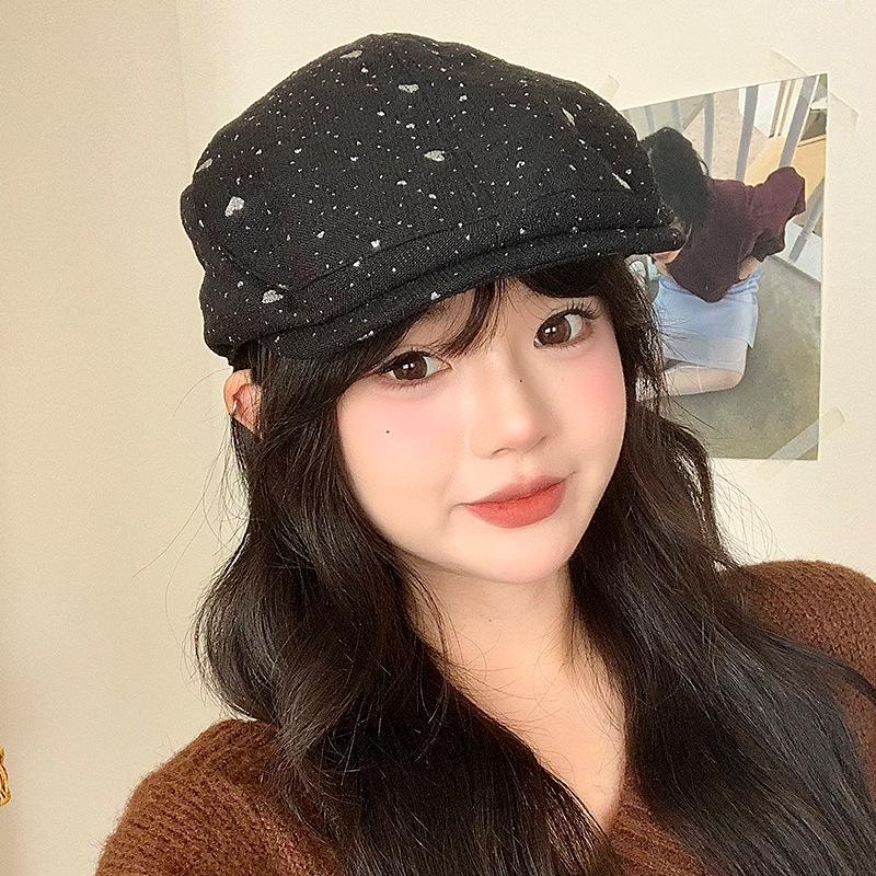 

Autumn and Winter Versatile Hat for Women Korean Small Fragrance Style Love Silver Front Hat Outdoor Leisure Windproof Painter Newspaper Boy Hat One Size