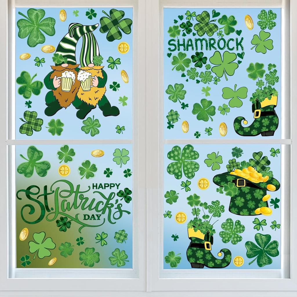 106Pcs St. Patrick's Day Window Clings, Green Shamrock Shaped Sticker Reble Static Window Stickers for Irish Day Decoration Spring Holiday Home