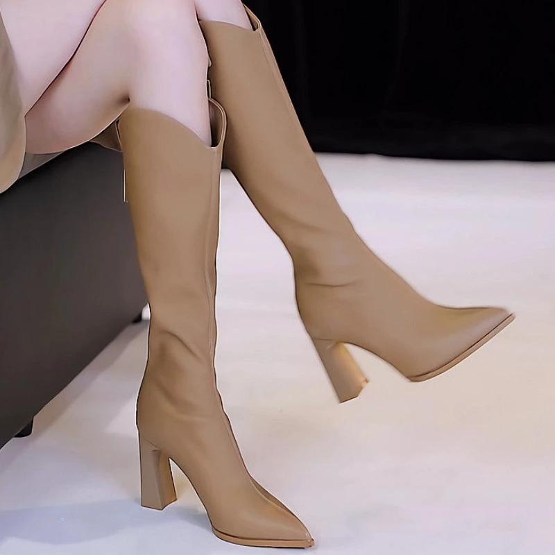 Fashion New In Elegant Heeled Pointed Toe Knee High Shaft Shoes Woman On Offer Hot Pu Goth Rock Cosplay Y2k Luxury Long Boots for Women
