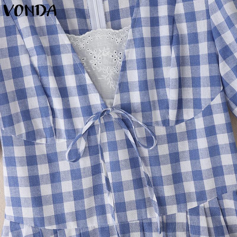 VONDA Women Patchwork Lace V Neck Puff Sleeve Plaid Print Casual Ruffled Dress
