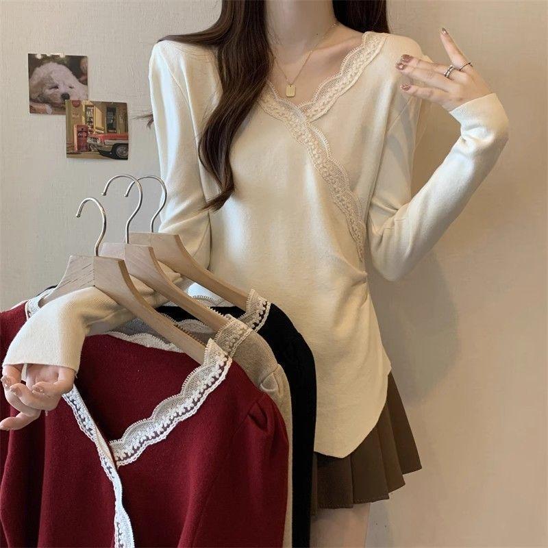 Women Lace Trim V‑Neck Long Sleeve Top Irregular Hem Slim Fit Blouse