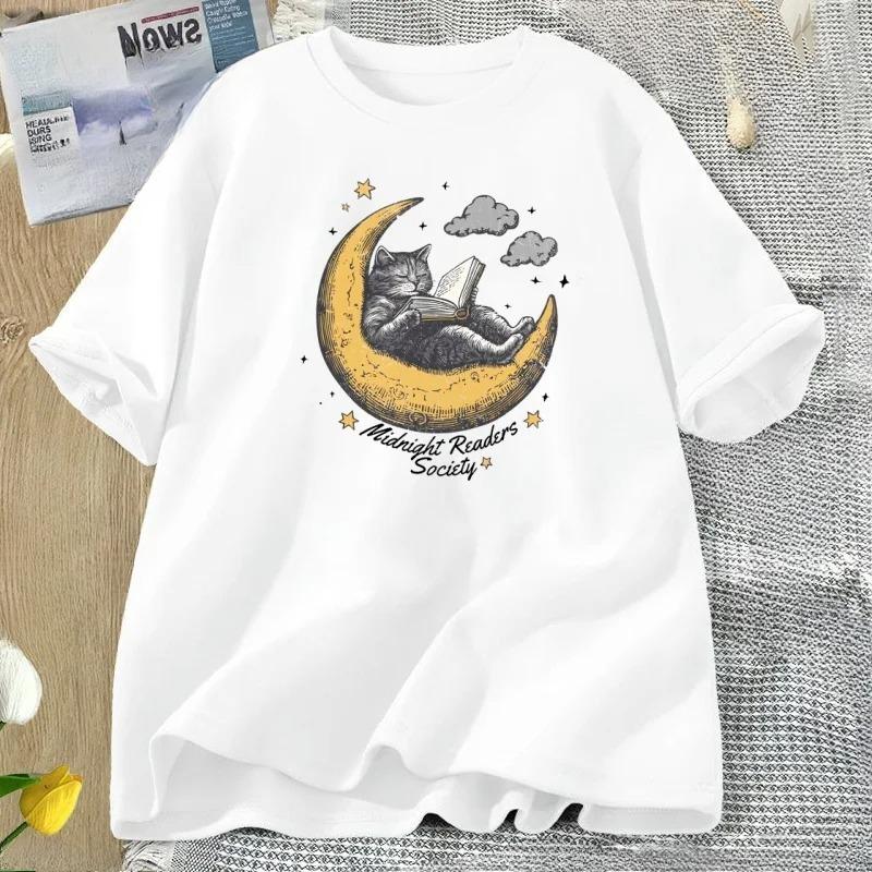 Midnight Readers Society Cat T Shirt Comfort Book Lovers Tshirt Cute Literary Tee Bookish TeeShirt Casual Short Sleeve