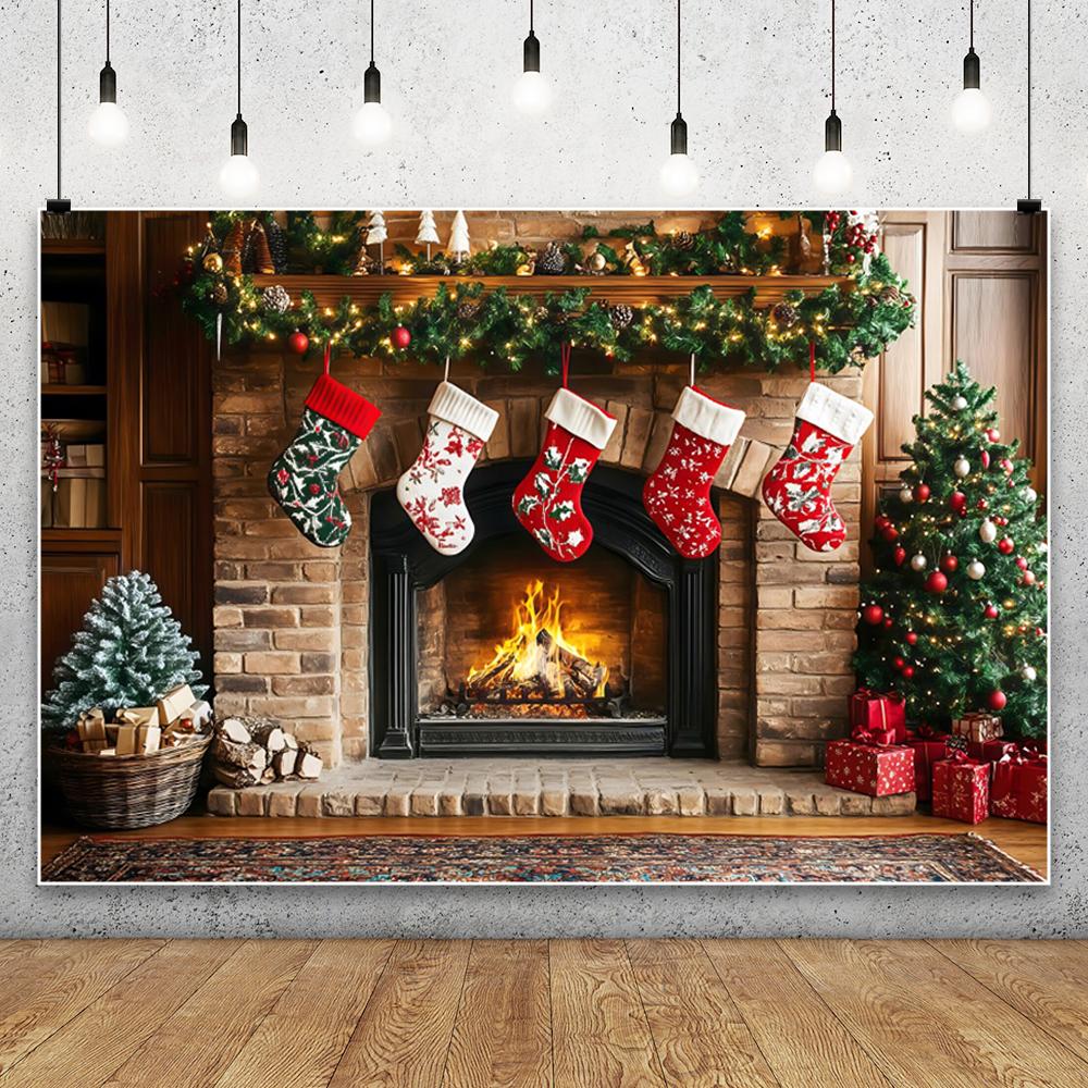 Christmas Fireplace Photography Backdrop for Kids Family Portrait Home Decoration Red Socks Wreath Xmas Tree Gifts Background