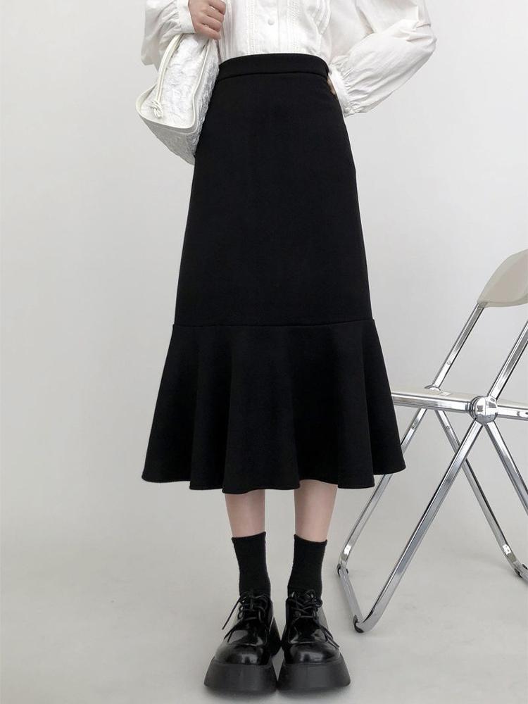 

Черная юбка-миди с рюшами «рыбий хвост», женская корейская версия, женская офисная юбка с высокой талией, модный костюм, модная юбка-русалка