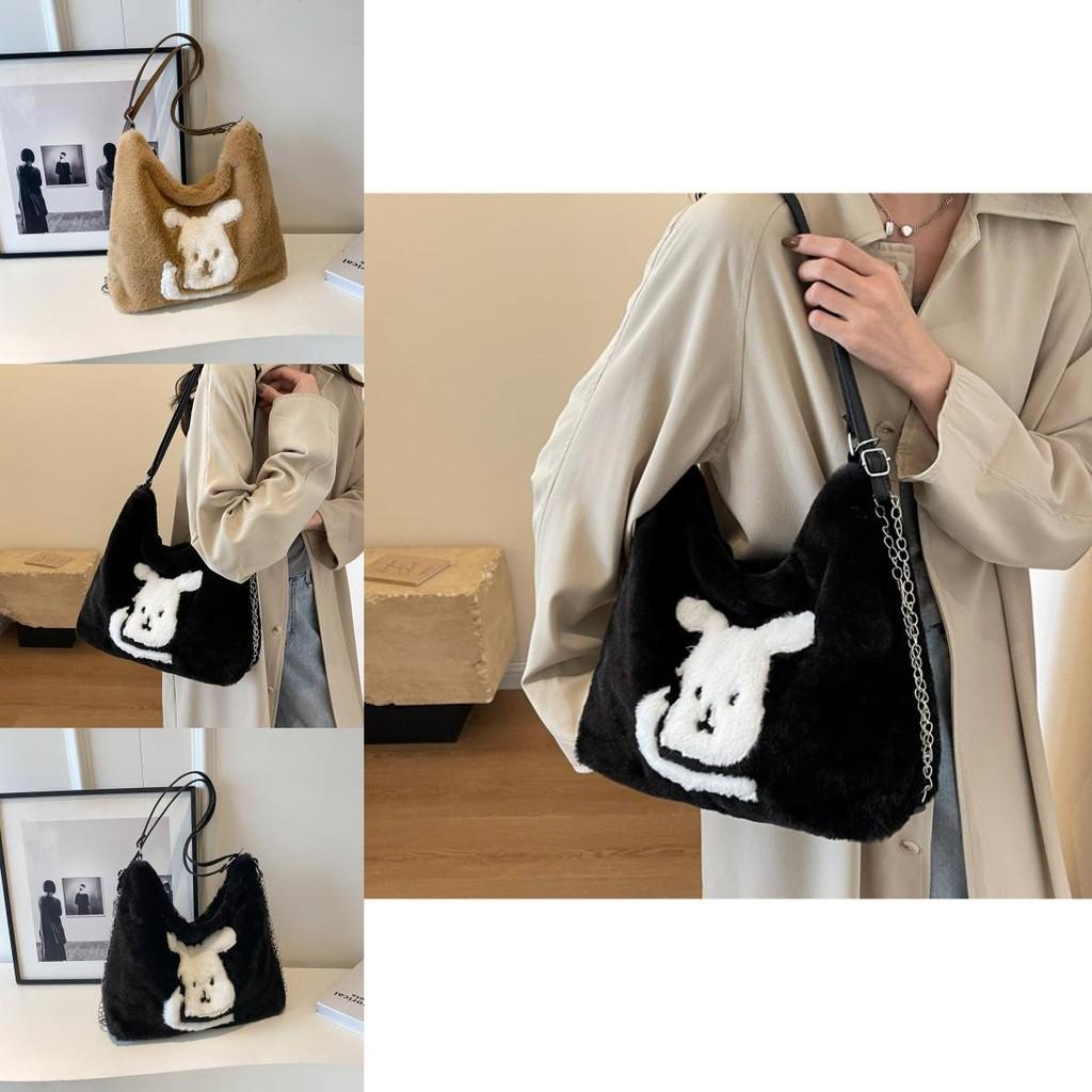 Plush Tote Bag For Women Cute Cartoon Design Large Capacity Commuter Bag In Black Khaki Or Cream