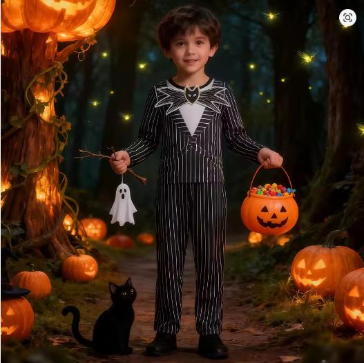 Vestir Véspera de Natal Esqueleto Assustador Jack Cosplay Meninos Listrado Duas Peças Fantasia de Halloween de Personagem para Vestir 2-8A