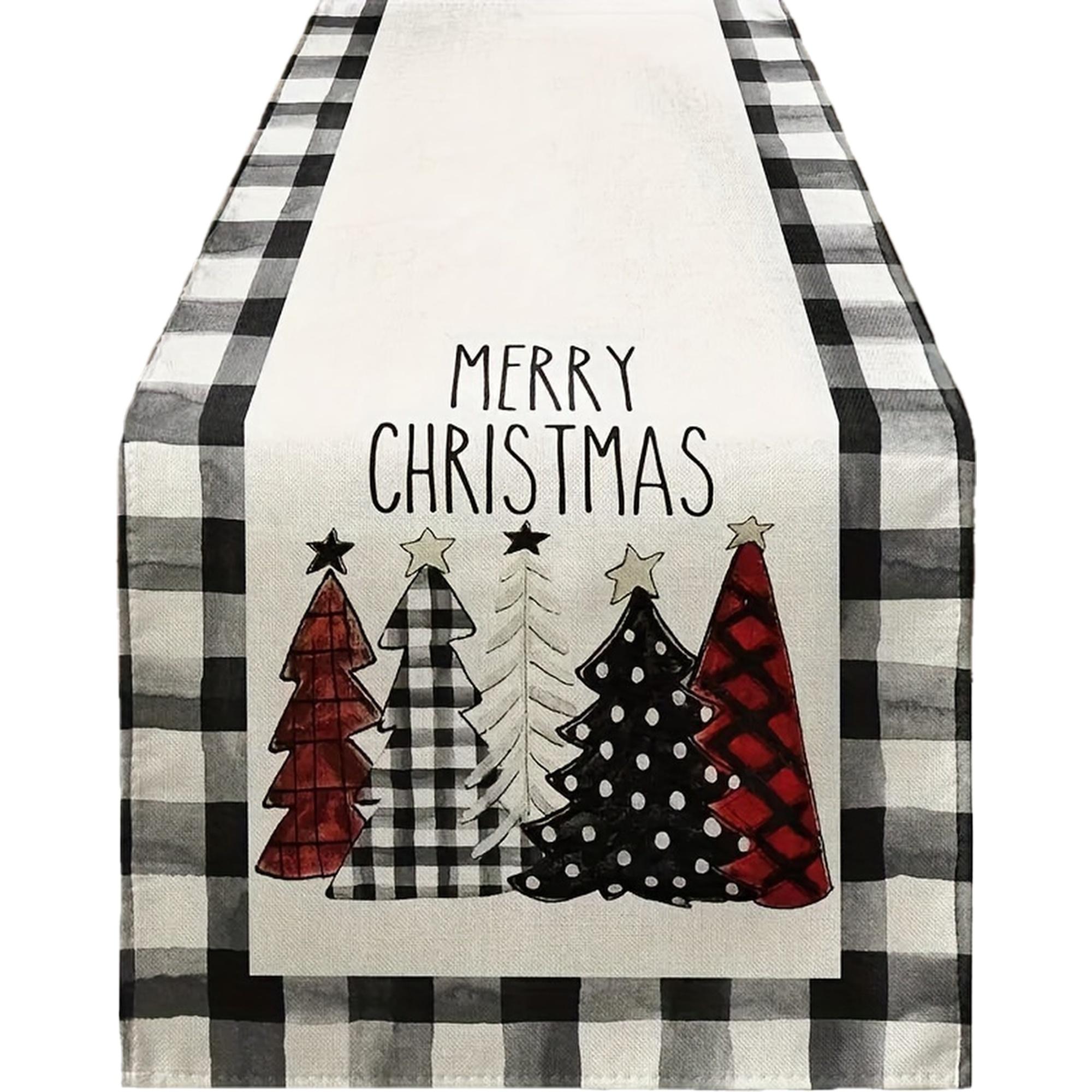 Christmas Watercolor Denim Plaid Table Runner with Merry Christmas Lettering & Star Decor Linen Fabric Party Table Decoration 33x180cm