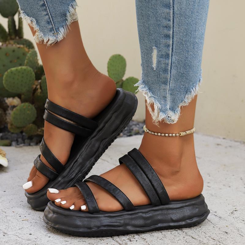 Casual Soft Sole Thick Bottom Outdoor Slippers Women Summer Narrow Band Medium Heel Slides Round Toe Non Slip Beach Slippers