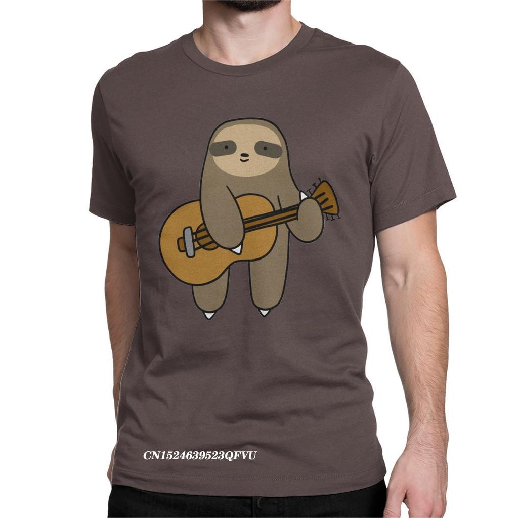 Guitar Sloth Cute Tops T Shirts Mens Cotton Novelty Tee Shirt Round Neck Guitarist Animal Tees Harajuku Tops Gift Idea