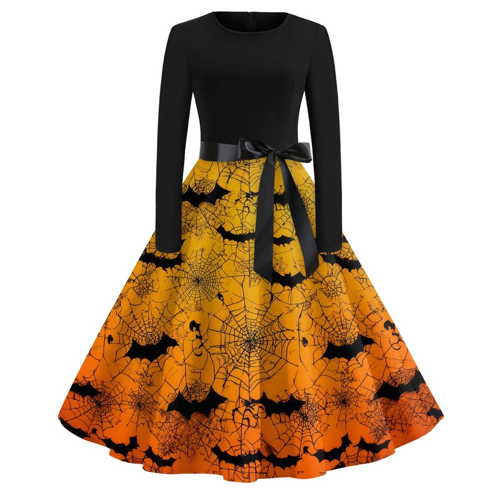 Women's Casual Halloween Print Round Neck Vintage Dress Long Sleeve Fit and Flare Midi Dress with Waist Tie for Seasonal Occasion