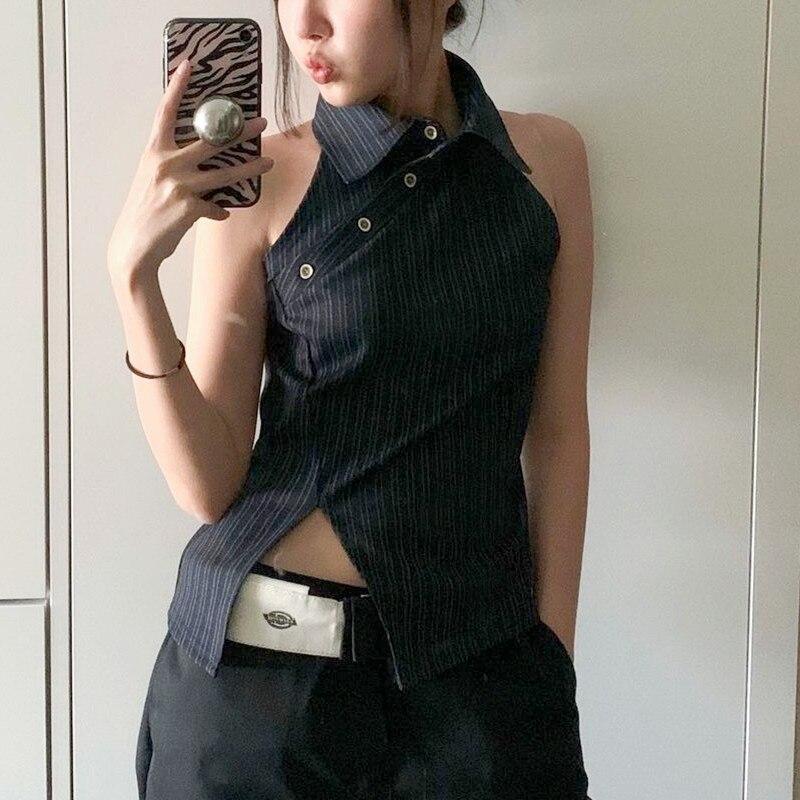 2023 Letní sexy tílka Y2k Tričko Streetwear Halter pro ženy Nepravidelná halenka s diagonální sponou, vesta, párty pro mládež 24819