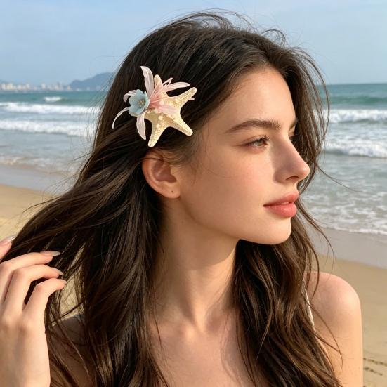 Hair Claw Starfish Artificial Flower Decor Anti-Slip Design Hair Clip Back Head Shark Hair Claw Holiday Travel Beach Hair Accessory
