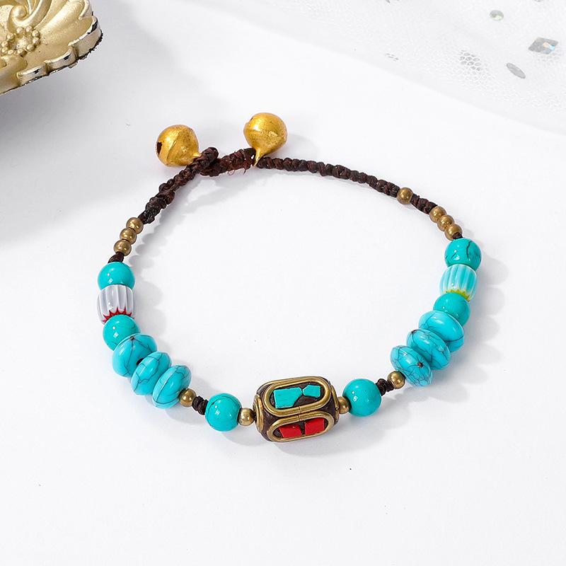 Ethnic Style Hand-woven Retro Color Beaded Bracelet Tibetan Pure Copper Bracelet Bell Antique Hand Rope Women's Jewelry