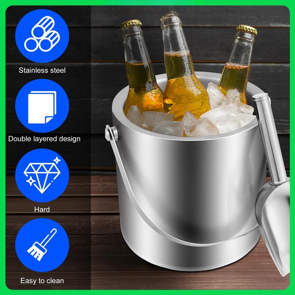 2L Large Capacity Ice Bucket Container Stainless Steel Ice Cube Bucket Double Wall Insulated Ice Bucket