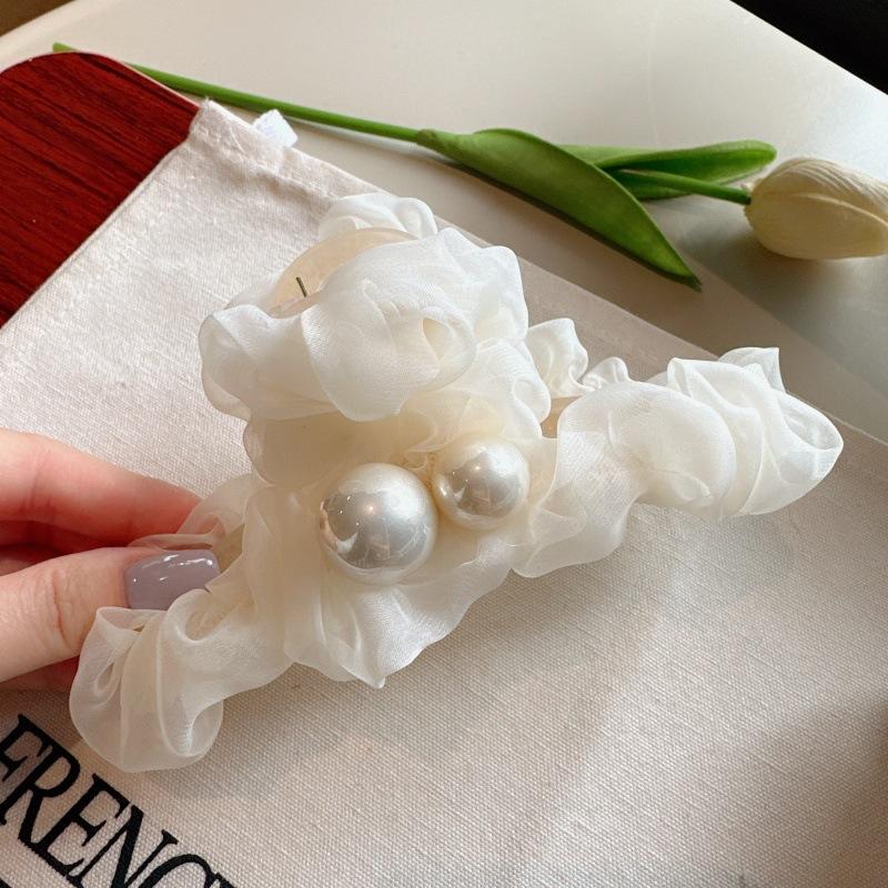Summer Crinkle Chiffon Pearl Hair Claw Clip, Elegant Oversized Mesh Hair Clip for Women Accessoires Femme Hair Clips for Girls