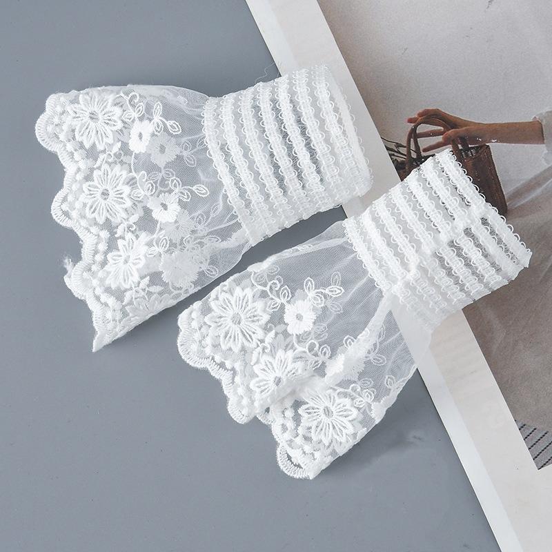 Female Dress Pleated Ruffles Horn Cuffs White Embroidery Floral Lace Fake Sleeves Double Layer Sweater Wristband