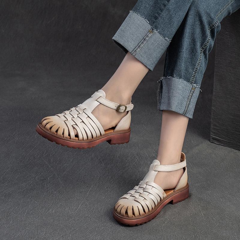 Fashion GKTINOO 2025 Summer New Hollow-out Breathable Weaving Sandals Retro Roman Style Genuine Leather Women's Shoes