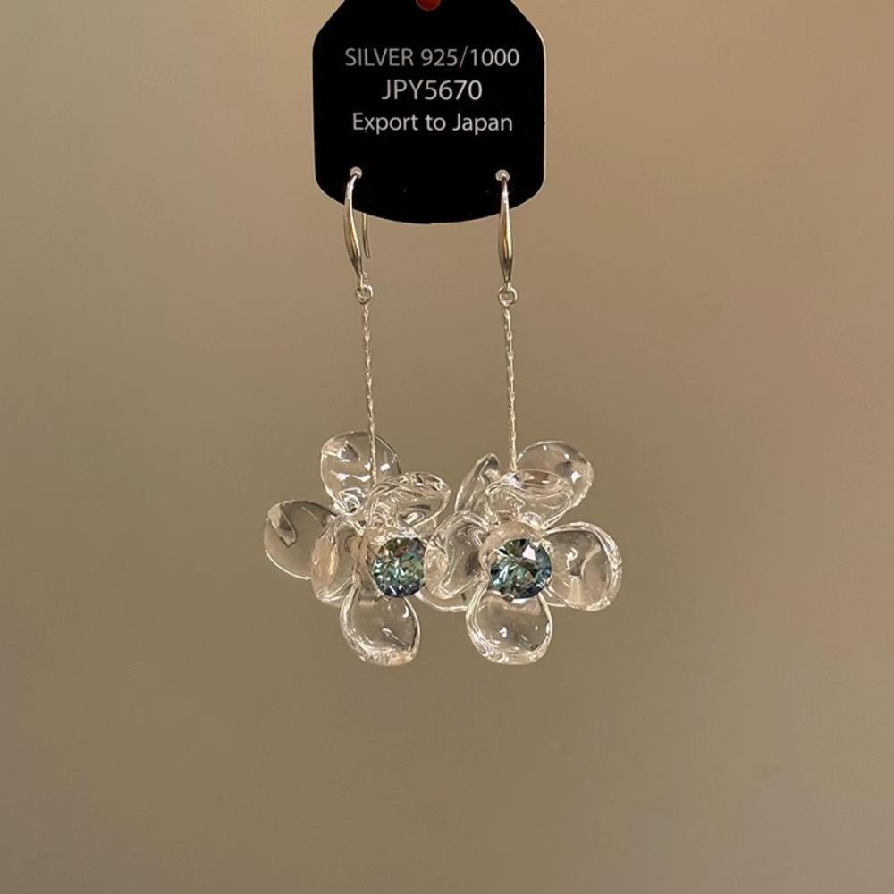 Transparent Flower Drop Earrings Fairy-Like Glass Flower Earrings Long Tassel Earrings Silver For Wedding Daily Wear Hanfu синий
