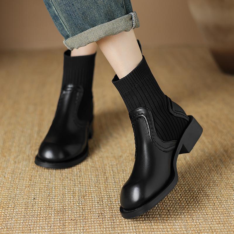 Krazing Pot Microfiber Autumn Winter Shoes Thick Med Heels Size 43 Chelsea Boots Back Knitwear Beauty Lady Stretch Ankle Boots