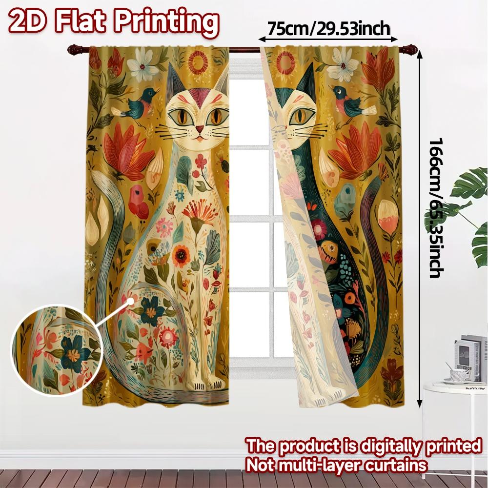 Flat Printing Jit Curtains Without Rod Floral Feline Duo Popular Window Treatment Semi Sheer Set Of 2 Made Polyester