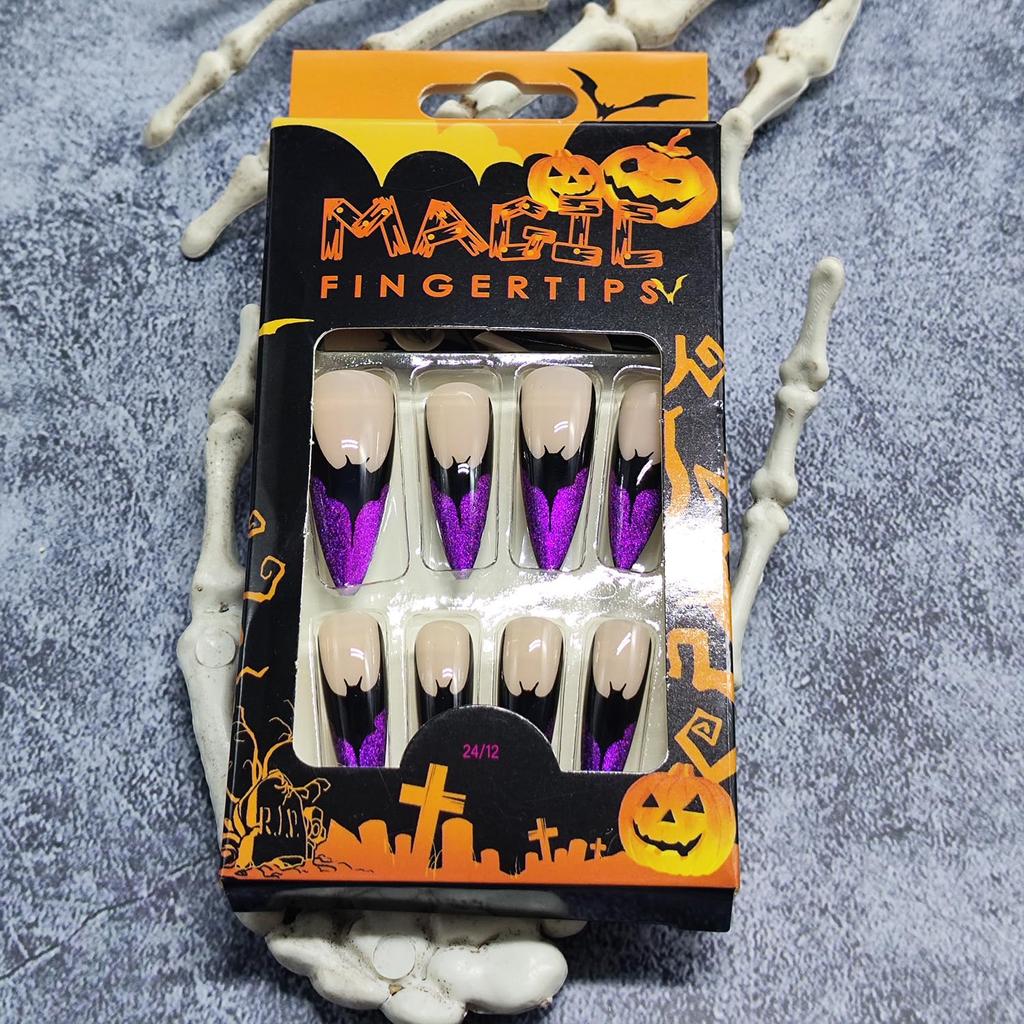 Halloween Press On Nails Medium Almond Fake Nails with Designs Bat Purple French Tip Glossy Glue On Nail 24 Pcs Natural Reusable Acrylic Nail for