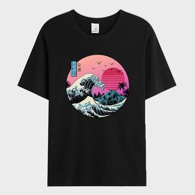 Summer Men's T-shirt Sunset Waves In Japan Printed T-shirt Fashion 100% Cotton Short Sleeve Oversized Tee Shirt Men Clothes