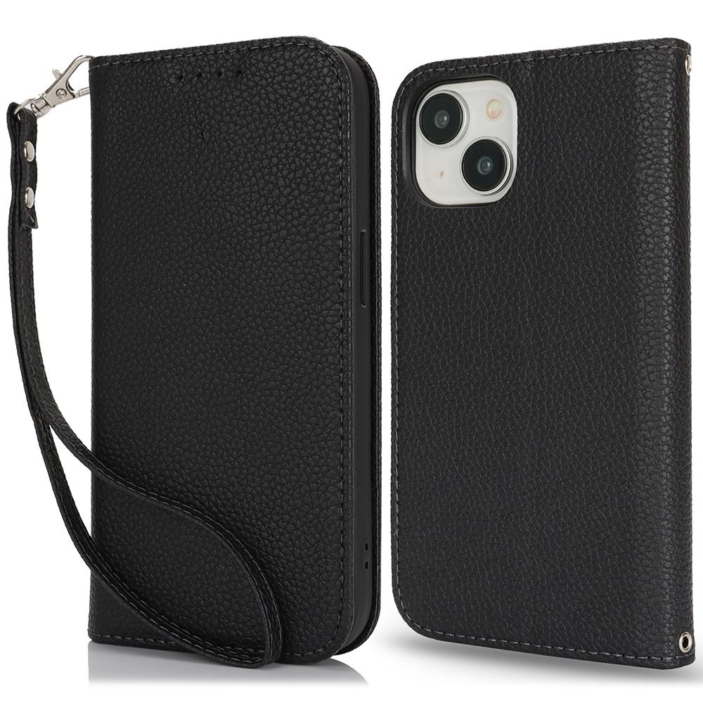 Stand Case for iPhone 14/13 Litchi Texture Leather Flip Phone Cover with Strap/Wallet