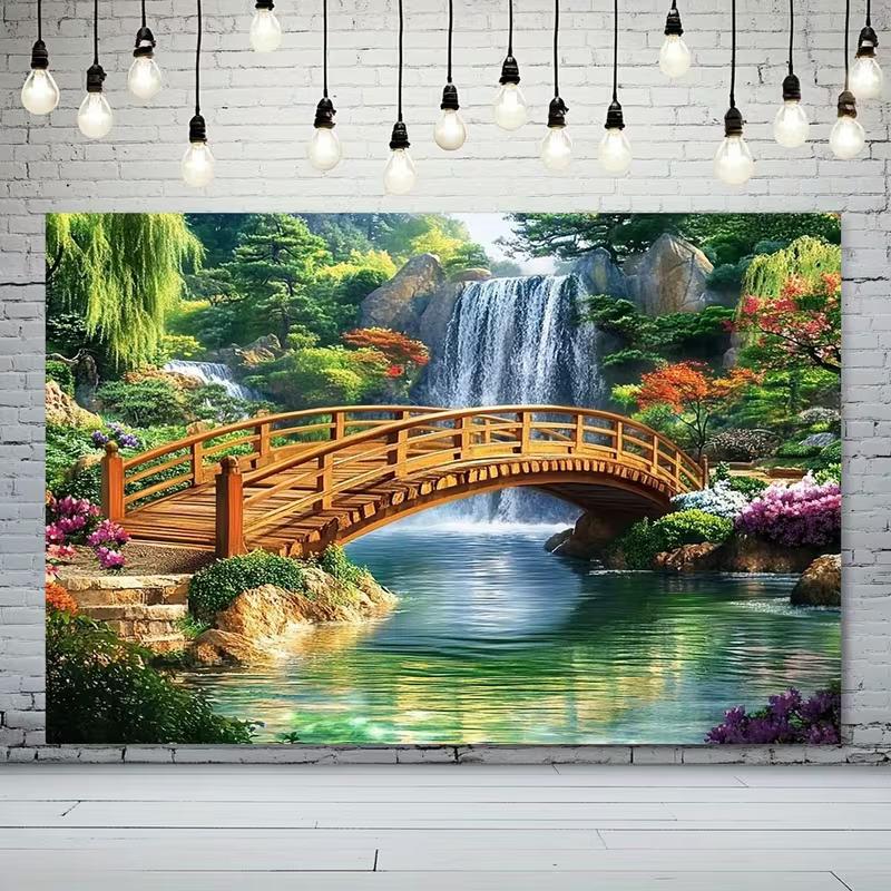 2D Japanischer Garten, Brücke, Wasserfall, Wandteppich, Zen-Natur, Wandbehang für Schlafzimmer