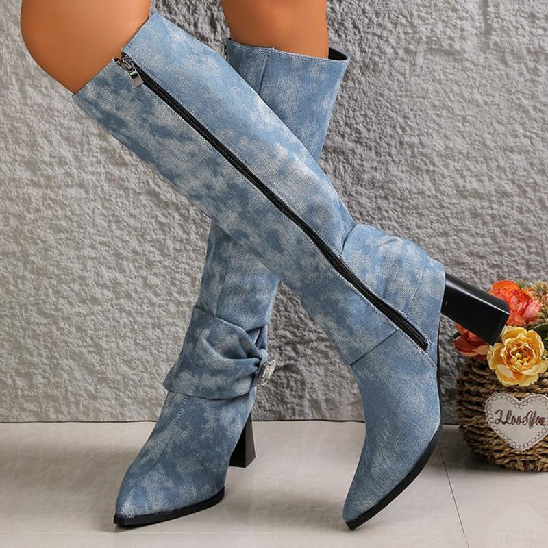 

Мода Мода Супер Высокий Каблук Сапоги Женские 2025 Винтажный Острый Носок Черный Синий Сапоги До Середины Икры Женские Стразы Декор Botas Lady 42 синий