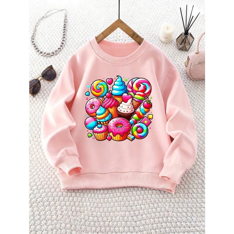 Round Neck Sweatshirt with Cartoon Dessert and Candy Pattern, Comfortable Top, Versatile for Daily Wear, Suitable for Parties