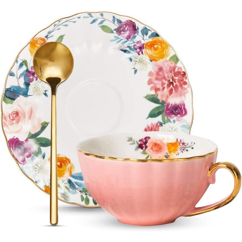 2 Sets Bone China Tea Cups and Saucers, Floral Ceramic Teacup with Spoon Coffee Cups Cappuccino Espresso Latte Mug for Christmas Gift