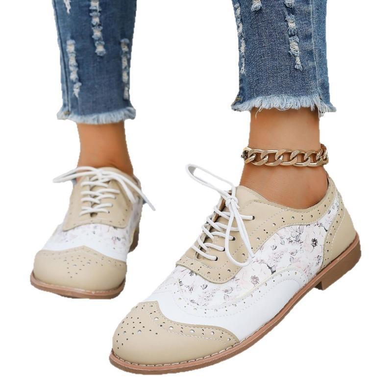 Spring and Autumn Flat-bottomed Brock Single Shoes Women's Color Matching Lace-up Round Head Casual Women's Shoes