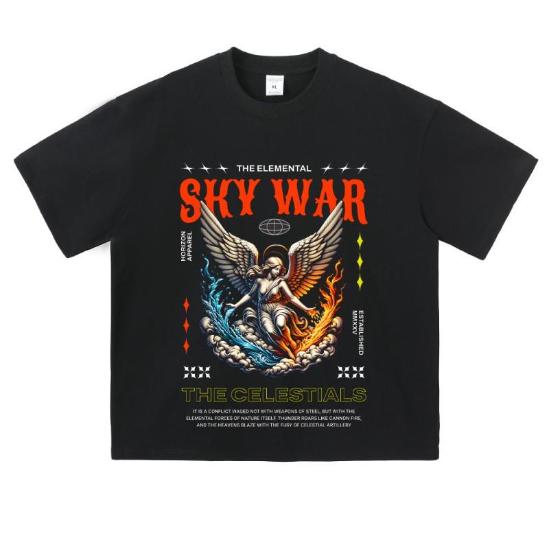 Mens Oversized Washed Cotton Tee With Vintage Dark Angel Print Loose Fit Short Sleeve T-Shirt