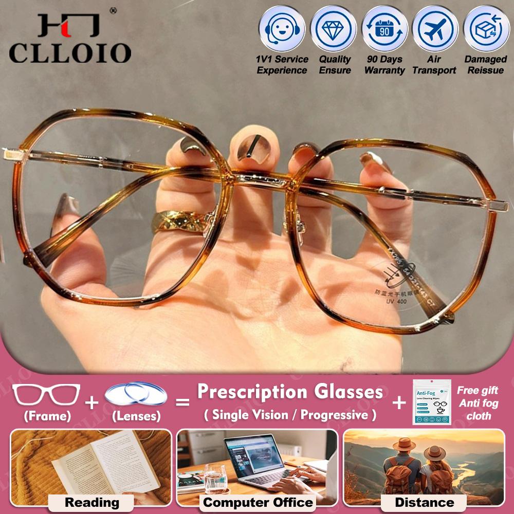 CLLOIO High Quality Retro Polygonal Myopia Prescription Computer Glasses Women Anti Blue Ray Photochromic Progressive Eyeglasses