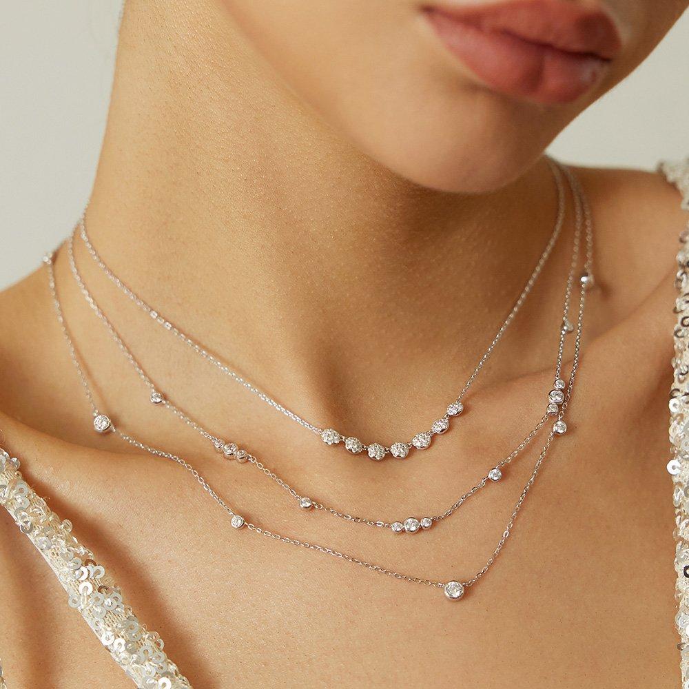 Silver Sparkling Bezel Cubic Station 925 Silver Necklace N065-04H