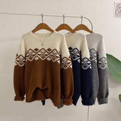 Honey J Wool Mohair Nordic Color Block Knit  3 Colors 