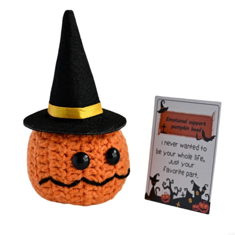 62KD Handmade Knitted Pumpkin Head with Positive Message Cards Halloween Festivals Crochet Pumpkin Dolls Ornament for Gifting