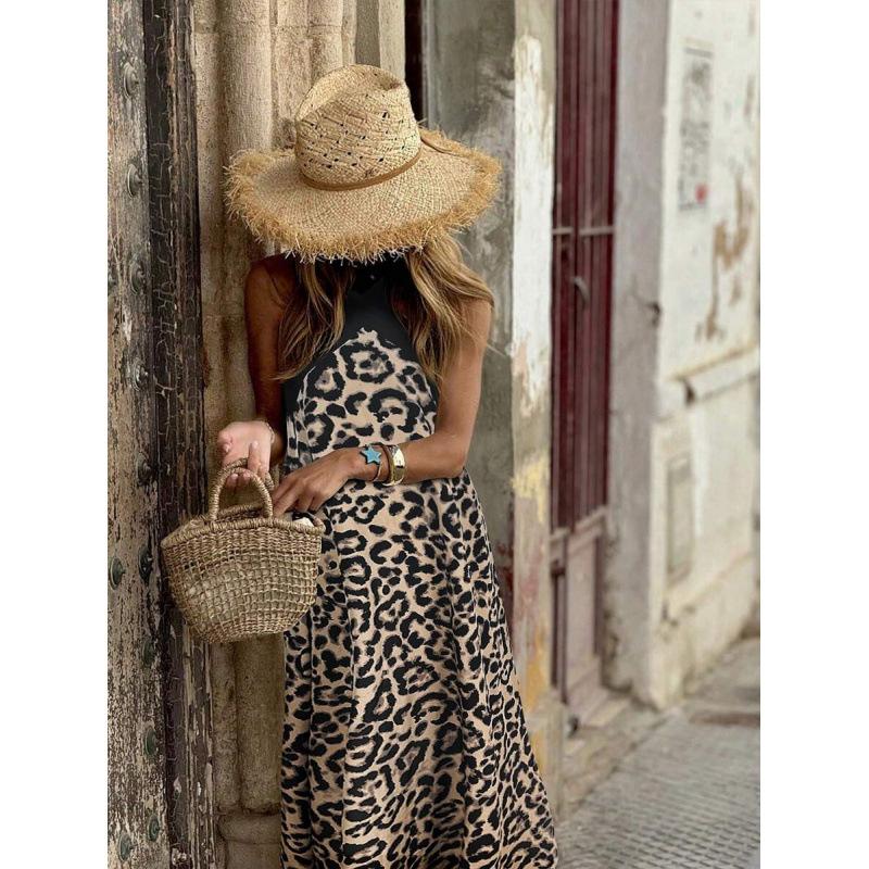 European 2026 summer new fashion temperament neck sling sleeveless leopard print splicing dress