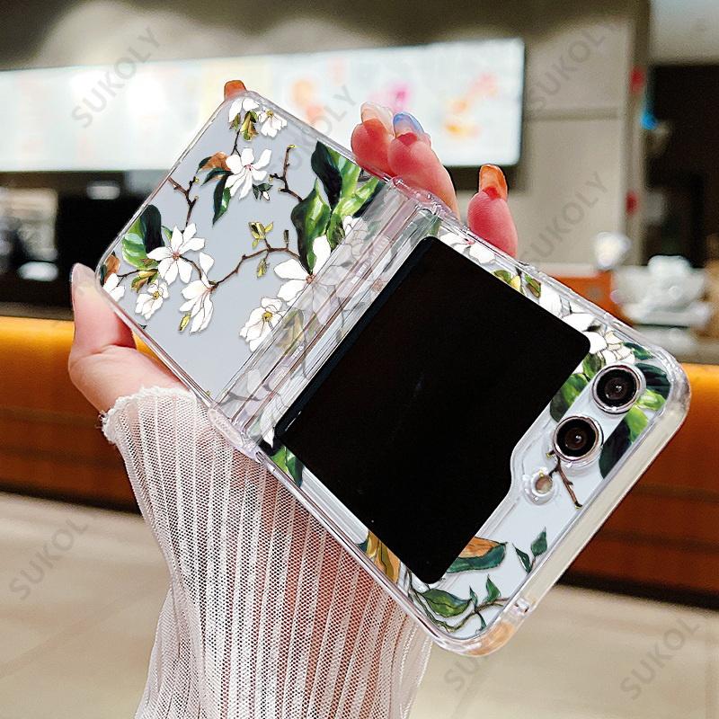 Flower Pattern Clear Case For Samsung Galaxy Z Flip 7 FE 6 5 4 3 Transparent Hard Folding Cover For Samsung Z Flip5 Flip4 Flip6