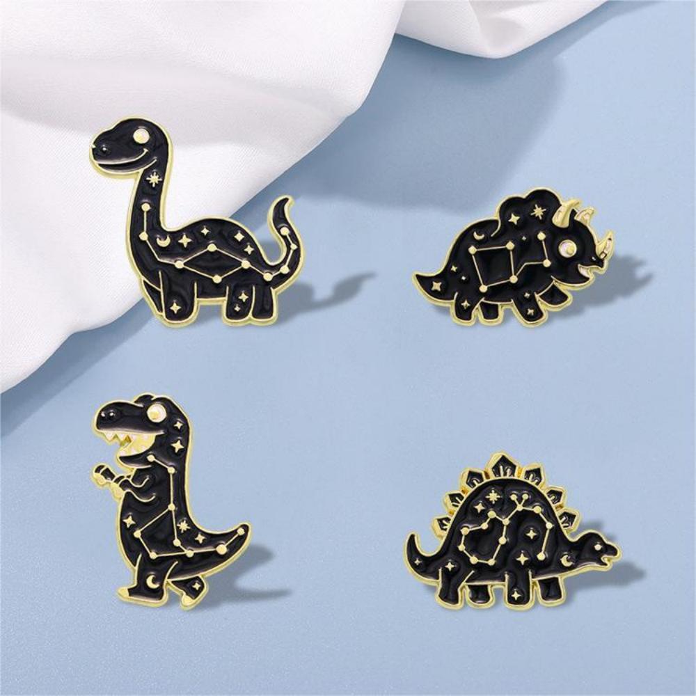 4 Styles Cartoon Space Star Pattern Dinosaur Design Enamel Brooches Girls Cute T-Rex Brontosaurus Stegosaur Shaped Golden Pins