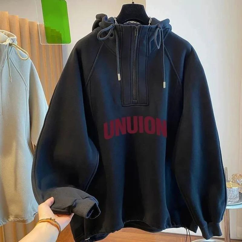 

Sweatshirt for Women Oversize Hooded Thickened Loose Half-high Neck Casual Pullover Long Sleeve Winter Sweatshirt Top XXXXL чорний