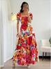 2025 Retro Print Patchwork Long Dress - Elegant European & American Style with Square Neck for Holidays & Dates