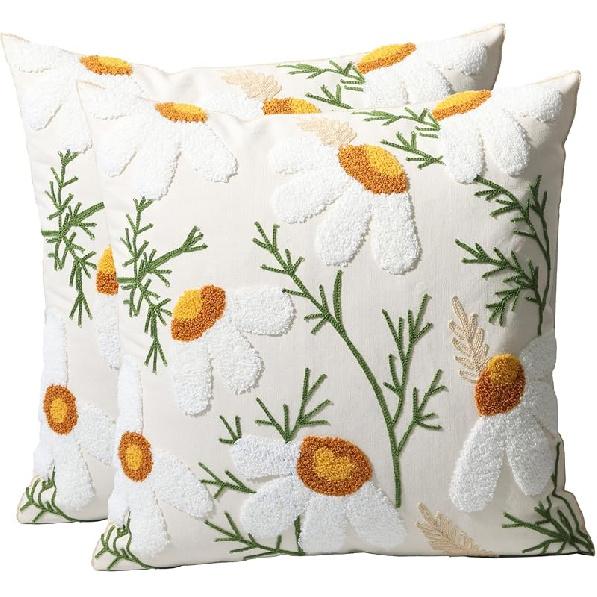 Set of 2 Embroidered Decorative Throw Pillow Covers Couch Square Pillowcases Cushion for Bedroom Sofa Farmhouse Decor 18x18 Inch (Blue Floral)