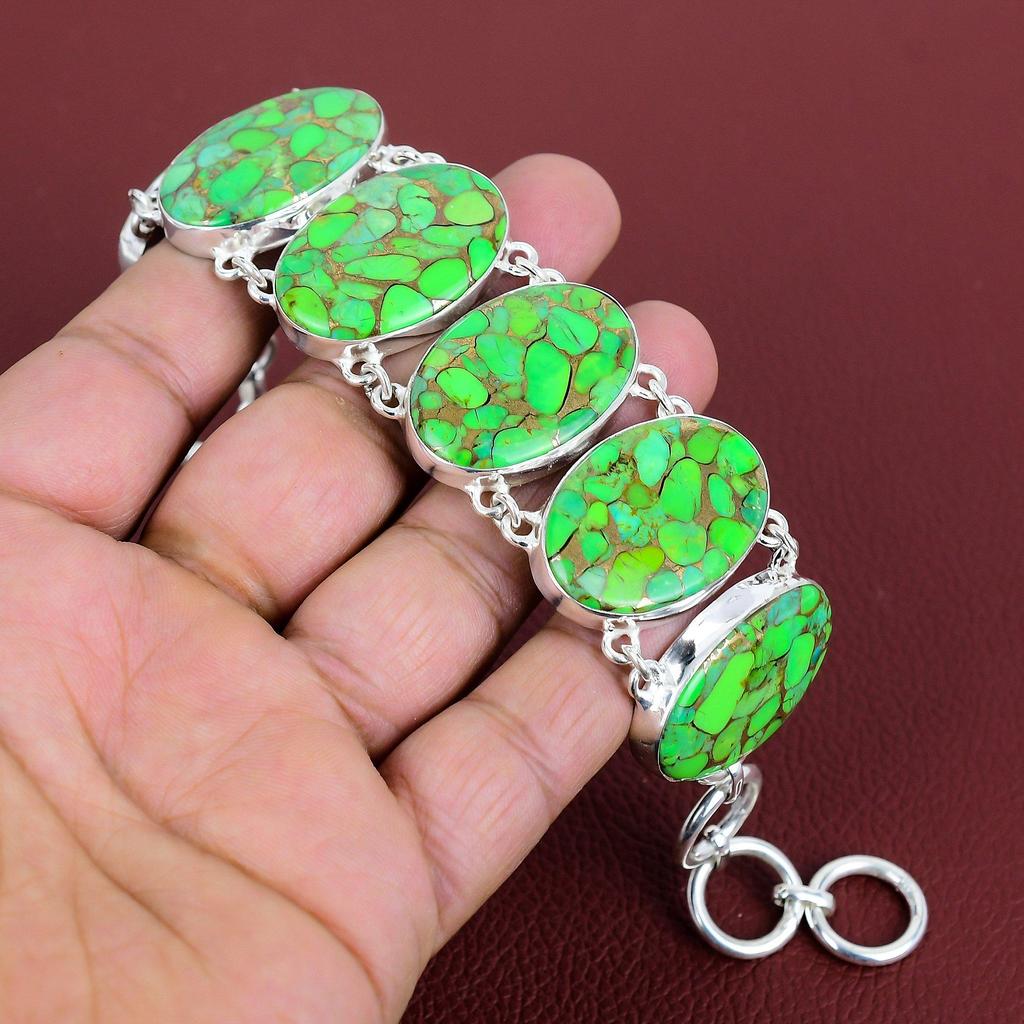 Copper green turquoise bracelet gemstone bracelet handmade boho jewelry 925 sterling silver bracelet adjustable chain bracelet gifts for her