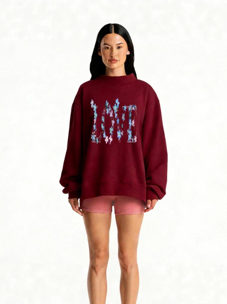 Women's Autumn Heavyweight Loose Fit Hot Stamped Mid-High Neck Sweatshirt